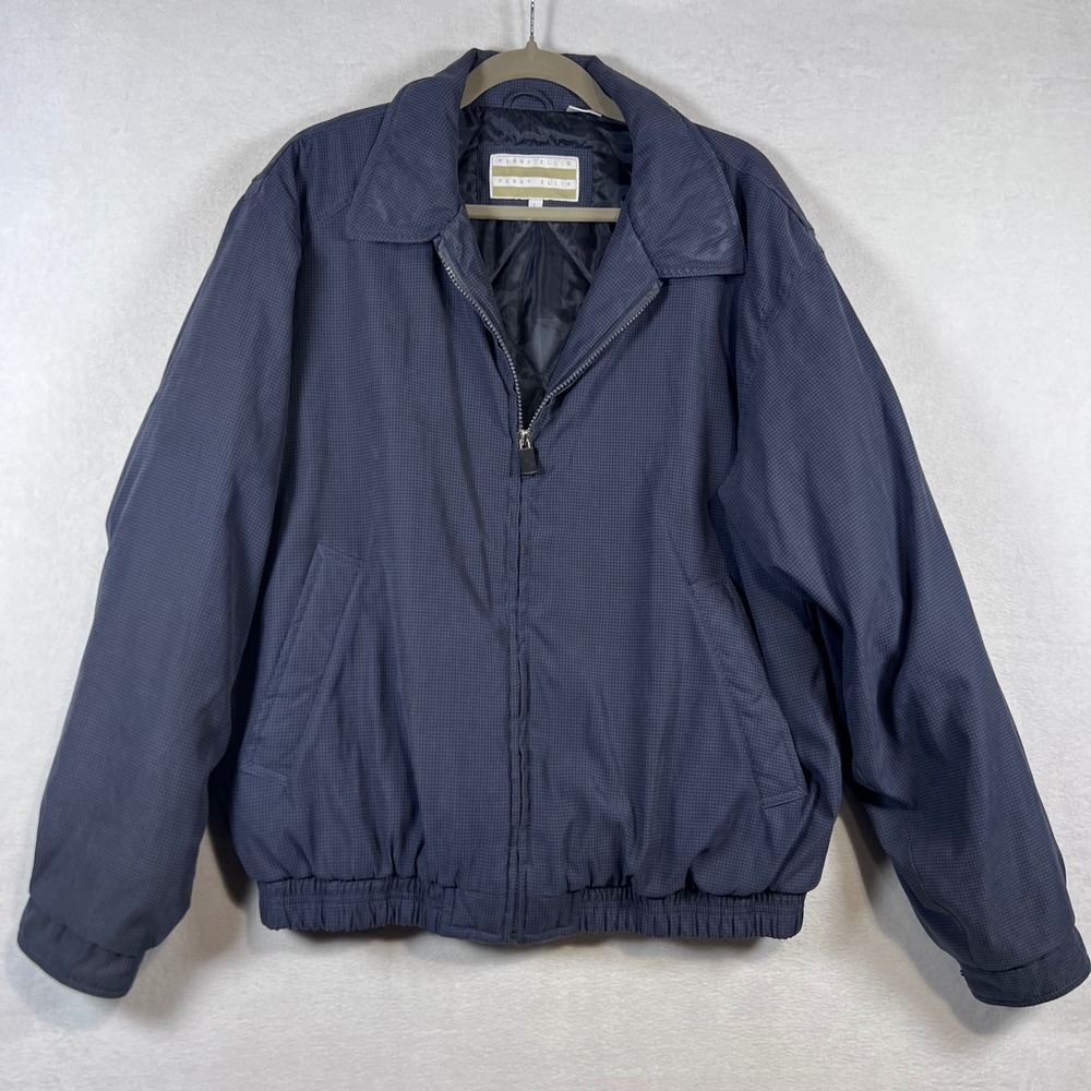 Perry Ellis Mens Navy Blue Micro Houndstooth Bomber Jacket Full Zip Large